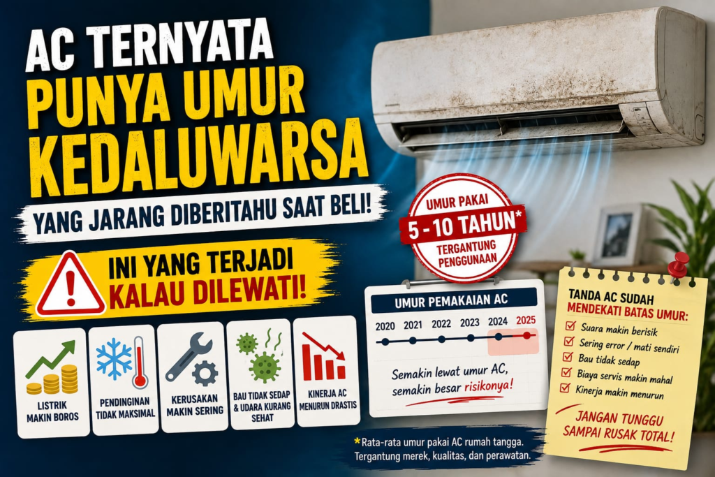 Infografis tentang umur pakai AC dan tanda-tanda AC mulai menurun performanya.