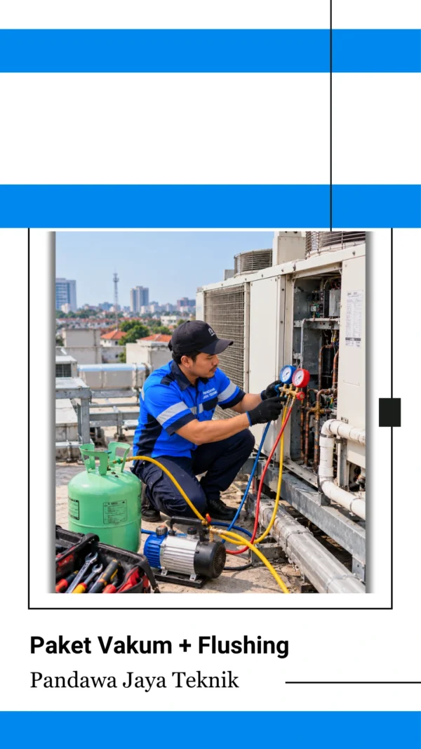 Paket Vakum Flushing Teknisi AC Sedang Vakum dan Flushing AC di atap gedung