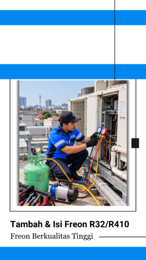 Tukang AC dari Pandawa Jaya Teknik sedang mengisi cairan freon R32/R410