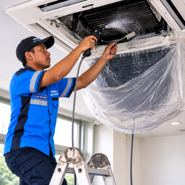 Technician Cleaning Ceiling Air Conditioner Technician Cleaning Ceiling Air Conditioner