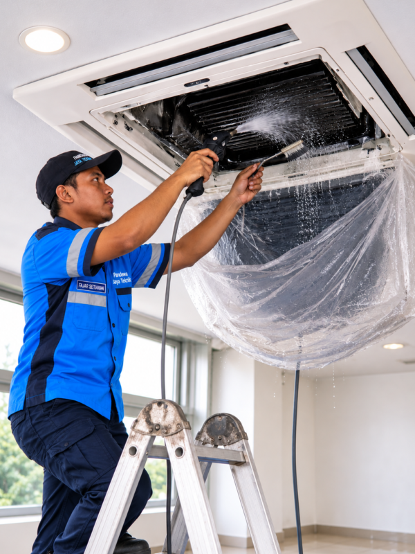 Technician Cleaning Ceiling Air Conditioner Technician Cleaning Ceiling Air Conditioner
