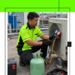 teknisi ac dari Jaya Makmur Teknik sedang mengecek tekanan freon teknisi ac dari Jaya Makmur Teknik sedang mengecek tekanan freon