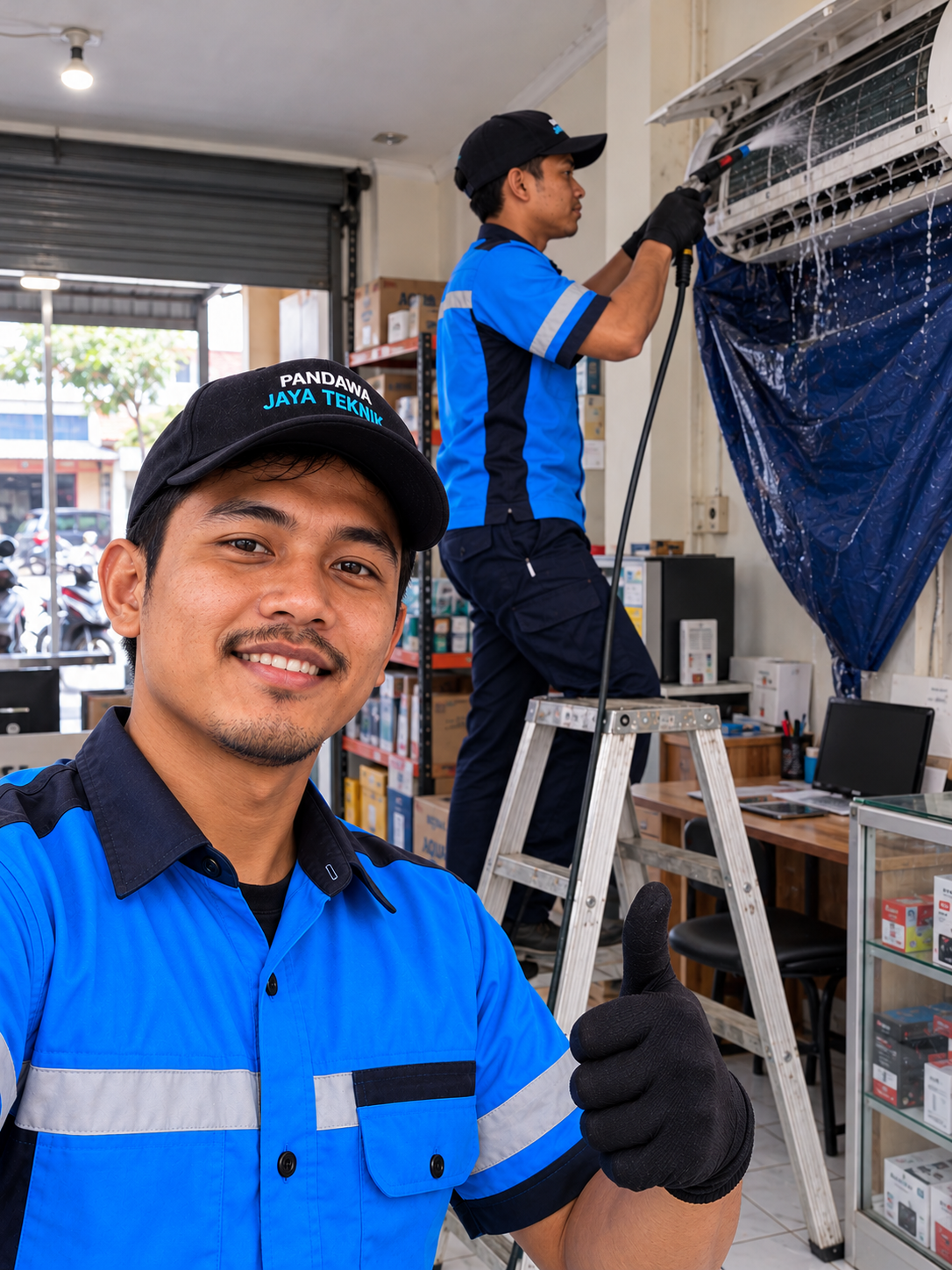 AC-Cleaning-Team-Selfie-in-Indonesian-Shop