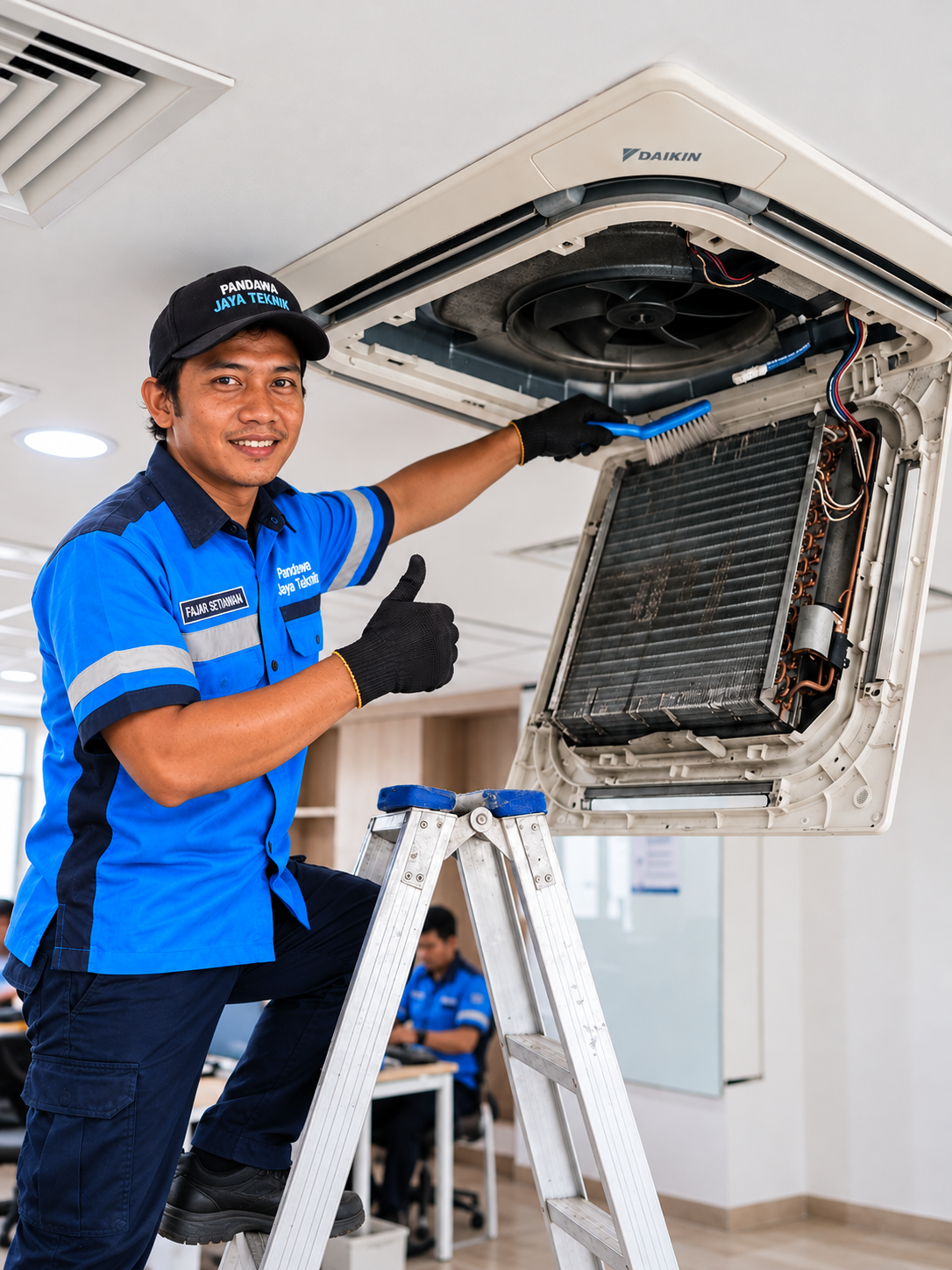 HVAC-Technician-Cleaning-Ceiling-AC-Cheerfully